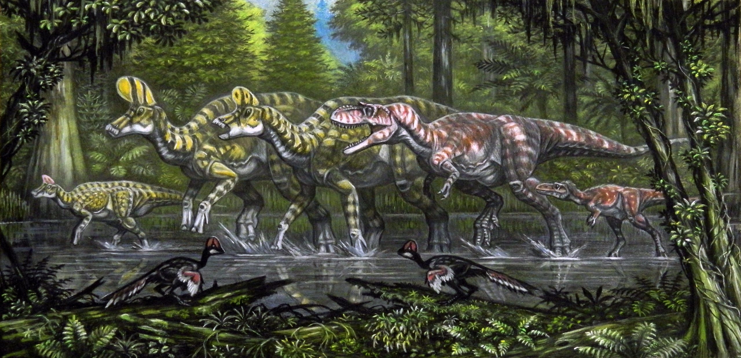 一群行走的有冠恐龙的插图，右侧有一只类似霸王龙的恐龙